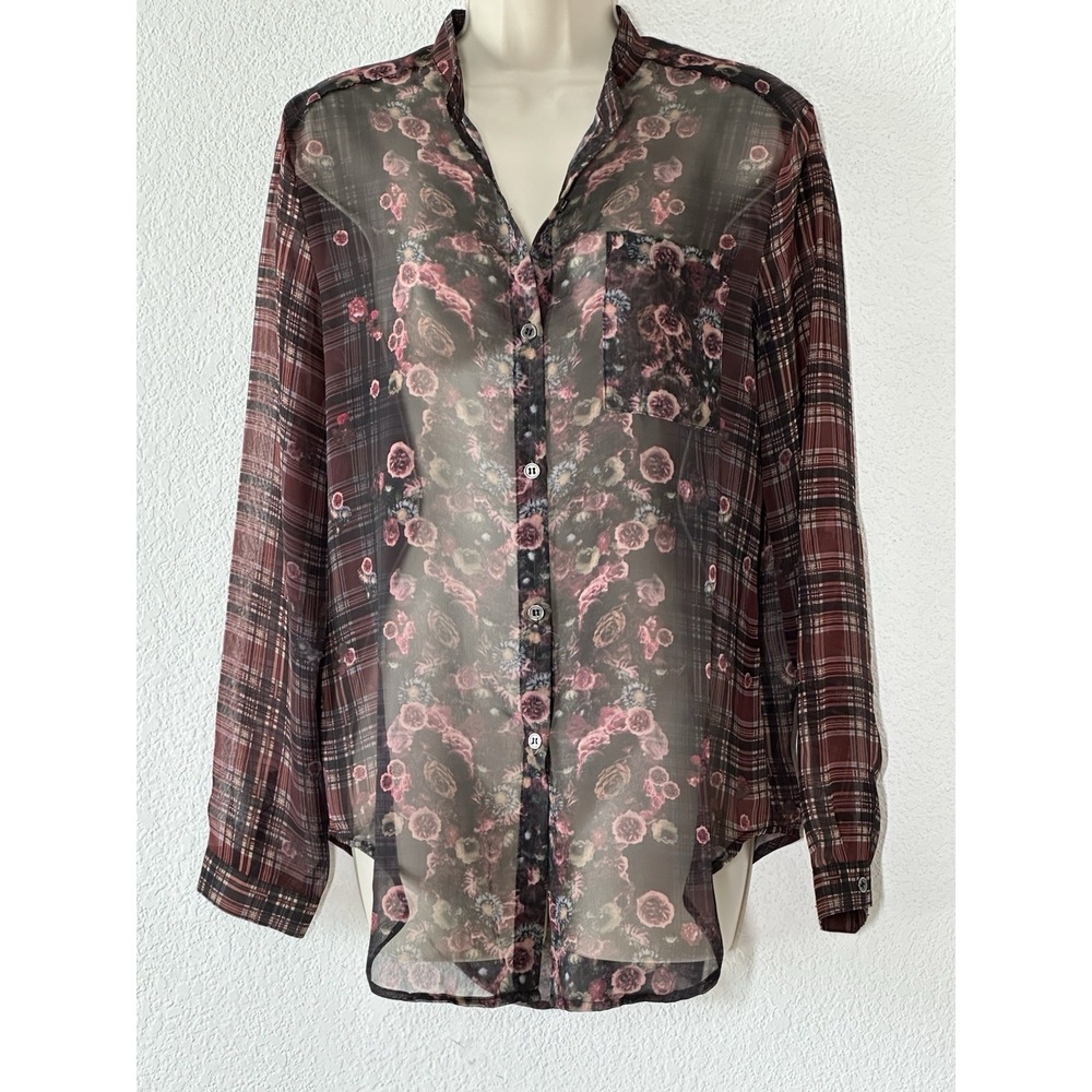 ABS by Allen Schwartz Dark Sheer Floral Plaid Top Size M Academia Whimisgoth